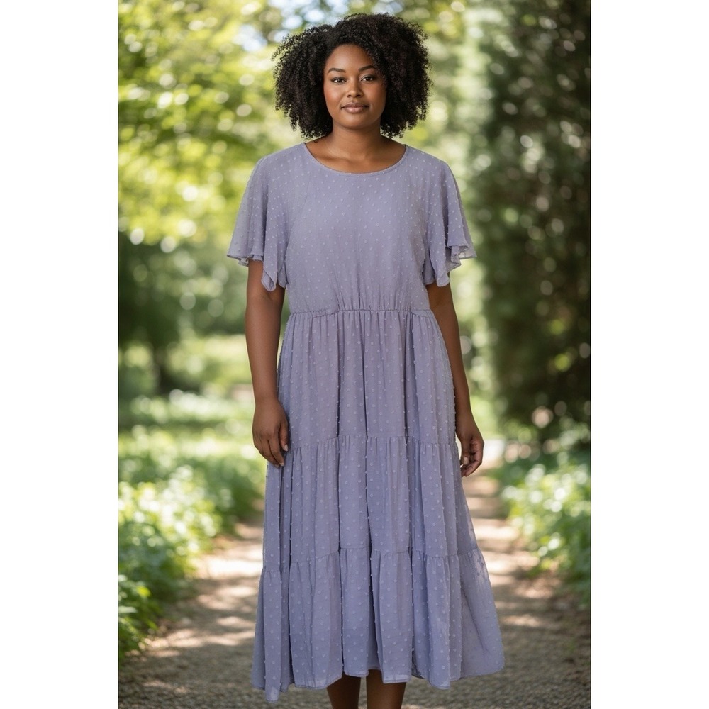 Vtg Chicsoul.com Milkmaid Tiered Midi Dress Lavender Swiss Dot Size 1X Cottage
